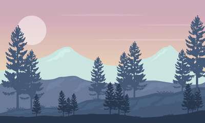 Nice scenery spruce trees and mountains in the afternoon. Vector illustration