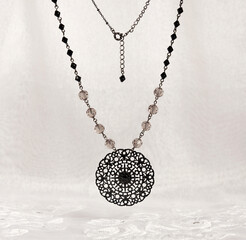 long crystal beads necklace, black necklace jewelry concept