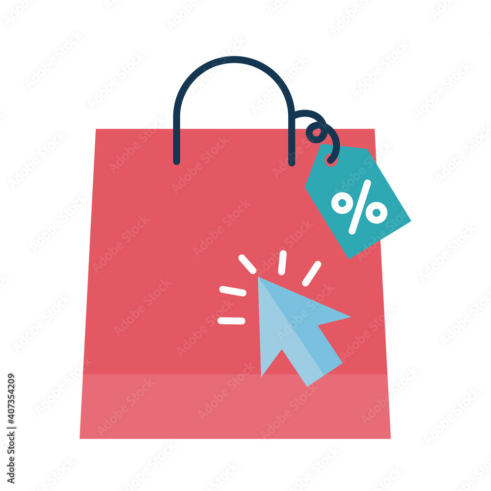 Poster digital marketing bag with label and cursor flat style icon vector design