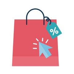 Digital marketing bag with label and cursor flat style icon vector design