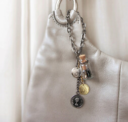 metallic keychain for bag, bag charm with coins hanging on purse