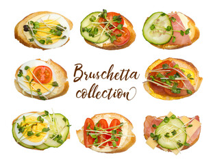 Collection of different bruschettes isolated on white background. Sauce, baguette, bacon, egg, tomatoes, cucumbers and microgreens.