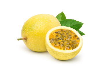 Yellow  passion fruit with cut in half and green leaf isolated on white background..