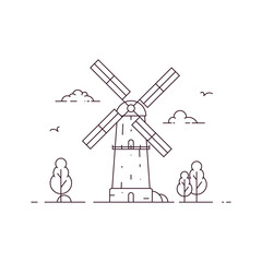 Windmill with birds, trees and clouds. Flour mill with millstones grinds grain. Grain processing. Flat outline vector illustration isolated