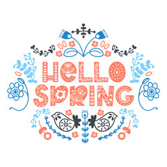 Hello Spring lettering. Elements for invitations, posters, greeting cards. Seasons Greetings