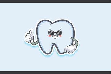 RELAXED, GLASSES, COOL Face Emotion. Thumb up Hand Gesture. Tooth Cartoon Drawing Mascot Illustration.