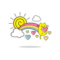 A rainbow illustration coming out of the back of a cute cat holding a symbol of love, this is perfect for children's book cards and so on