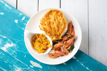 Stir fried Spicy Prawn , Thai Holy Basil With  Steamed Rice And Fried egg