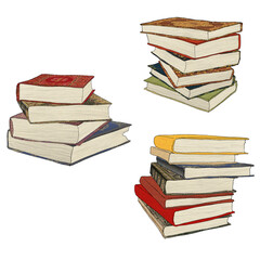 stacks of books in hard cover on a white background