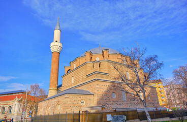 Old ancient ottoman architectural building of Banya Bashi Mosque and its minaret center of the Sofia, Bulgaria.