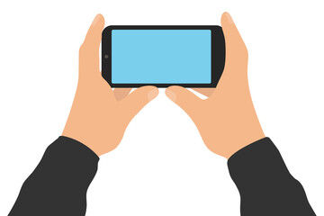 Male two hands hold smartphone, isolated on white background. Screen of phone. Vector illustration