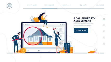 Real property assessment homepage template. Appraisers are doing property inspection of a house. Real estate valuation, home value, professional appraisal concept for web. Flat vector illustration