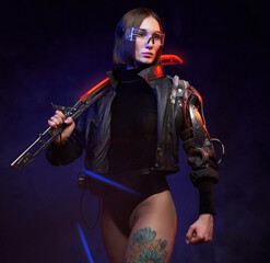 Obraz premium Stylish and at the same time dangerous woman assassin from future with glowing sword. Female soldier in cyberpunk style with implant and glasses.