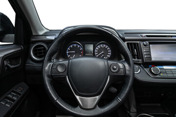 Fototapeta premium car Interior - steering wheel, shift lever and dashboard, climate control, speedometer, display on white isolated background.