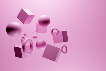 Close-up 3d pink monocrome illustration. Different geometric shapes: cube, cylinder, sphere are placed at the same distance. Simple geometric shapes flying