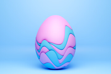 3d illustration of a hen's egg painted in pink and blue colors in the form of waves. Easter eggs