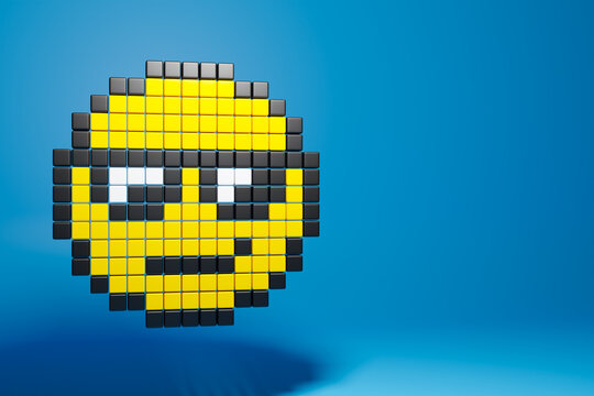 3d colorful illustration of smiling face from on blue isollated  background.  An emoji emoticon face icon in a pixel art