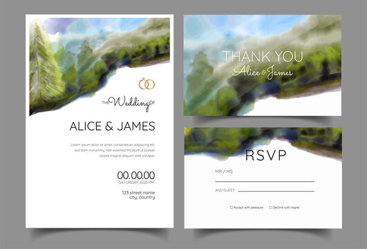 wedding invitation cards with pine forest landscape watercolor	