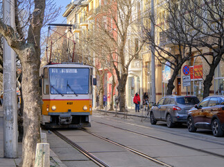 Fototapeta premium 06.01.2021. Bulgaria. Sofia. Old street tram in Sofia street and common street.