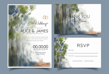 watercolor wedding invitation card, road at the edge of a thick forest