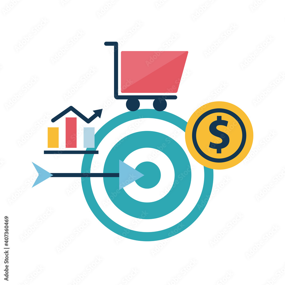 Poster digital marketing target with bars chart cart and coin flat style icon vector design