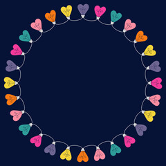Bright Multi-colored Valentine's Day Holiday Heart String Lights on Dark Background Round Frame. Circle Rainbow Festive Holiday Copy Space Banner for Greeting Cards and Web