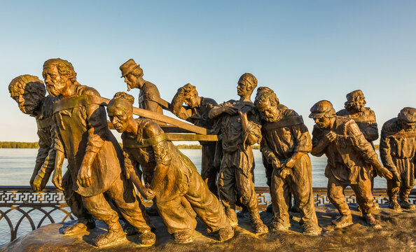 Russia, Samara, May 11, 2016: sculpture "Burlaki on the Volga River" on the Volga River embankment in honor of the outstanding Russian painter Ilya Repin, early morning, Spring day.