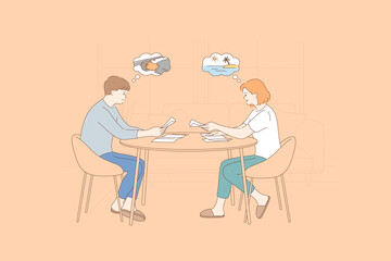 Reading news and newspapers concept. Young positive couple woman and man sitting at home and reading news about traveling and accidents together vector illustration