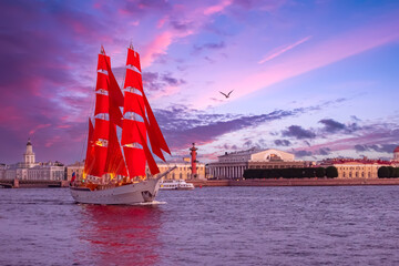 Scarlet sails in Saint Petersburg. Summer in Russia. Ship with Scarlet Sails in Neva. Panorama of...
