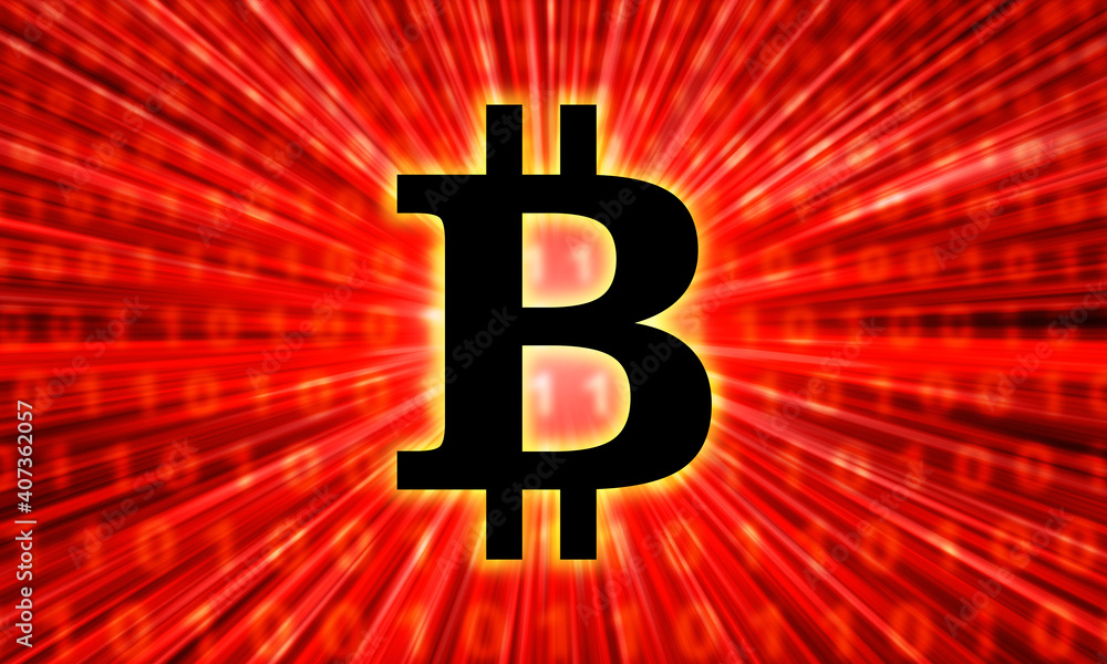 Aufkleber bitcoin logo on a red background. binary code as a symbol of cryptocurrencies. using bitcoin for pay