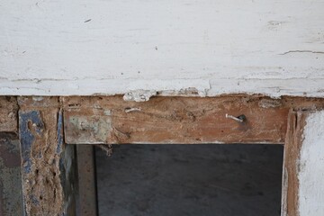 Close-up, window frame damaged by termites, focus on termite nests