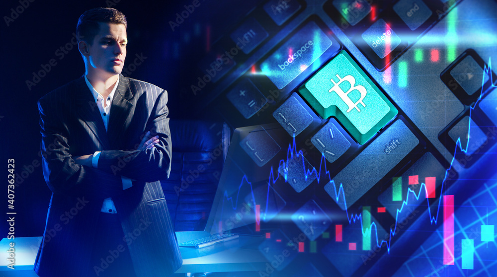Poster confident trader next to bitcoin symbol. he oversees cryptocurrency growth chart. bitcoin logo as sy