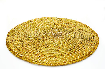 Fototapeta na wymiar Handmade natural product, woven bamboo plate, rattan weaving. Eco friendy and sustainable concept. Eco-friendly shopping and recycled gifts