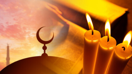 Islamic religion symbols. Dome of a mosque with a crescent moon and a Koran in background. Concept...