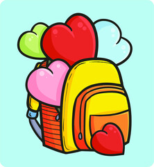 Funny and cute yellow backpack filled with hearts in simple doodle style