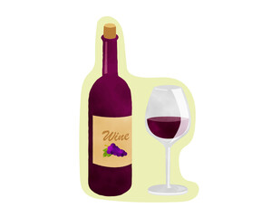 免疫力を高める食材／糖質制限／水彩／ワイン／ワインボトル／ワイングラス