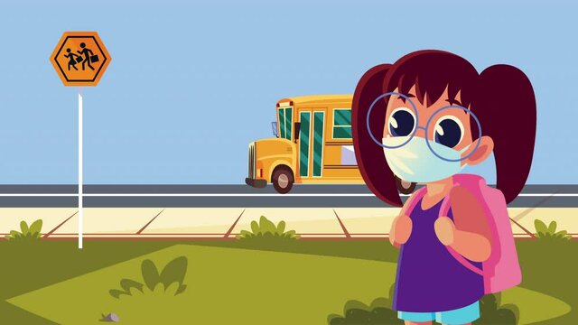 little student girl wearing medical mask with bus school