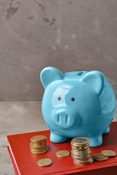 Piggy Bank With Coins And Book On Grunge Background