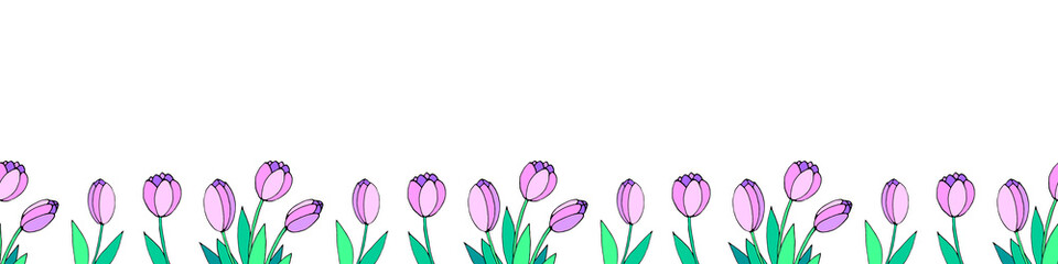 Row of pink tulip flowers. Vector hand drawn spring background isolated. Horizontal bottom edging, border, decoration for greeting card, invitation, Valentine's, Women's or Mother day