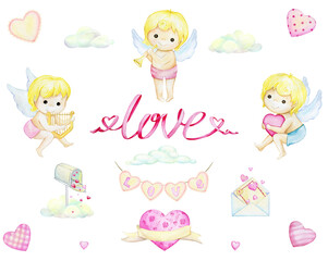 Cupids, letters love, clouds, hearts. Watercolor set, elements, in cartoon style, on an isolated background.