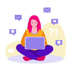 Teen girl with a laptop spends time in social networks. Symbols of letters, likes, smiles. Vector concept in flat cartoon style.
