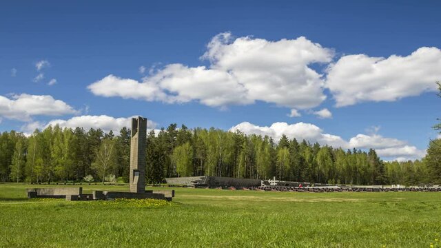 Memorial complex Village of Khatyn in Belarus, time lapse. Memorial to memory of the victims of World War II burned villages and genocide of Soviet Union people.
