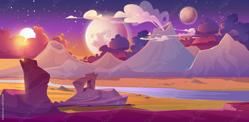 Wall mural alien planet landscape with volcano, river, stars and moons in sky. vector fantasy illustration of p