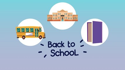 back to school lettering with building and bus