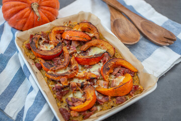 healthy baked pumpkin polenta pizza with cheese