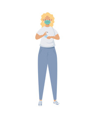 covid prevention, young woman wearing medical mask with bottle antibacterial in hands