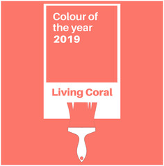 Living Coral Trending Colour of the Year 2019. Color card with paint brush, vector illustration