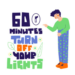 Man turns off the light, flat vector illustration. Earth day, earth hour.