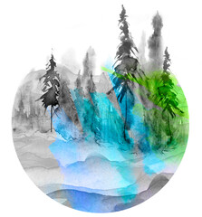 Watercolor art illustration,logo. Drawing of the blue,green forest, pine tree, spruce, cedar. Dark,  forest, suburban landscape. Postcard, logo, card, banner. Misty forest, haze. wood on a snowy slope