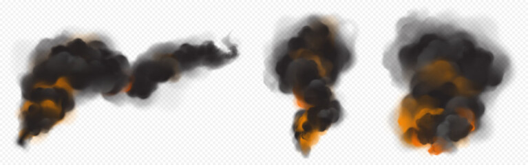 Black smoke clouds with orange backlight from fire. Vector realistic set of dark hot fog streams, smoke from burning flame, fiery smog isolated on transparent background © klyaksun
